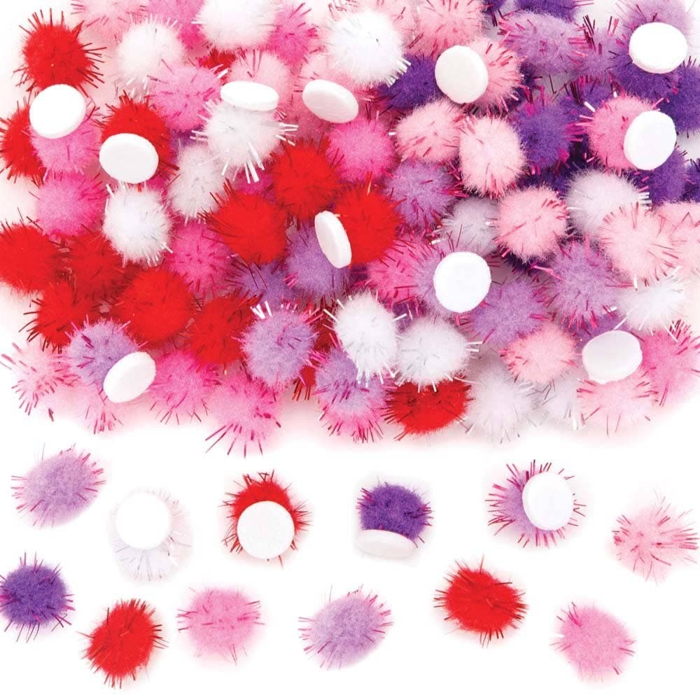 Red, Pinks & Purple Self-Adhesive Glitter Pom Poms (Pack of 150) 6 Assorted Colours, Size 10mm, Self-Adhesive Backing