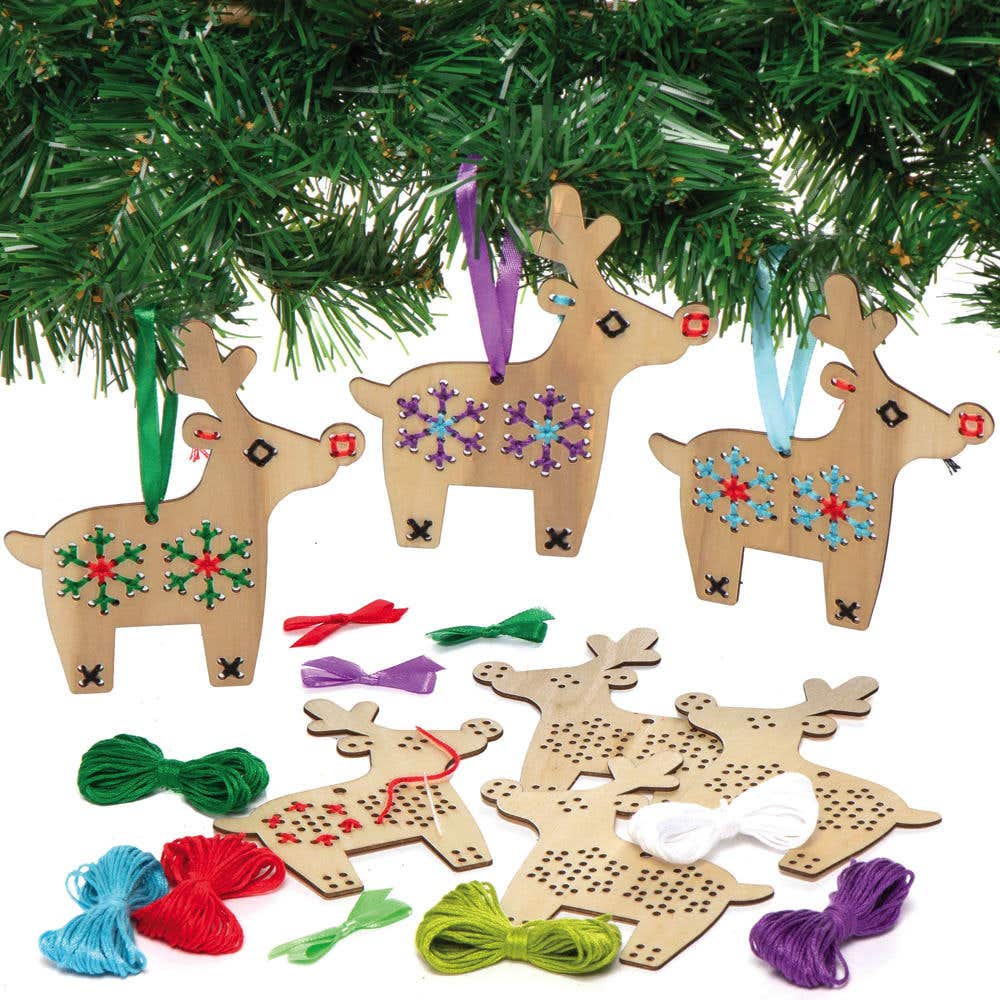 Reindeer Wooden Threading Decoration Kits (Pack of 5) Christmas Crafts 6 thread colours - Blue, Purple, Dark Green, Light Green, Red & White