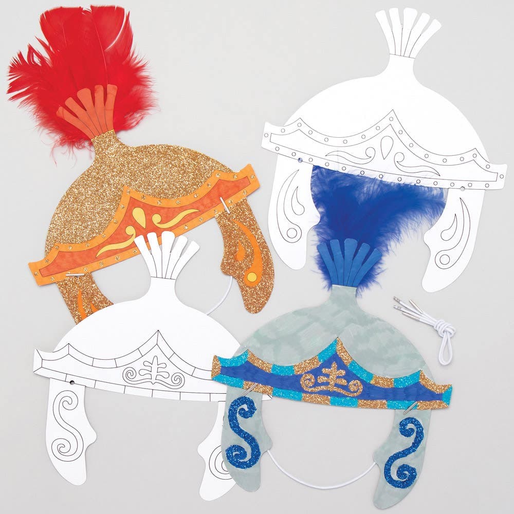 Roman Centurion Colour-in Helmets (Pack of 8) 2 Assorted Designs, 20cm Wide, Elastic Included, DIY Craft Kits