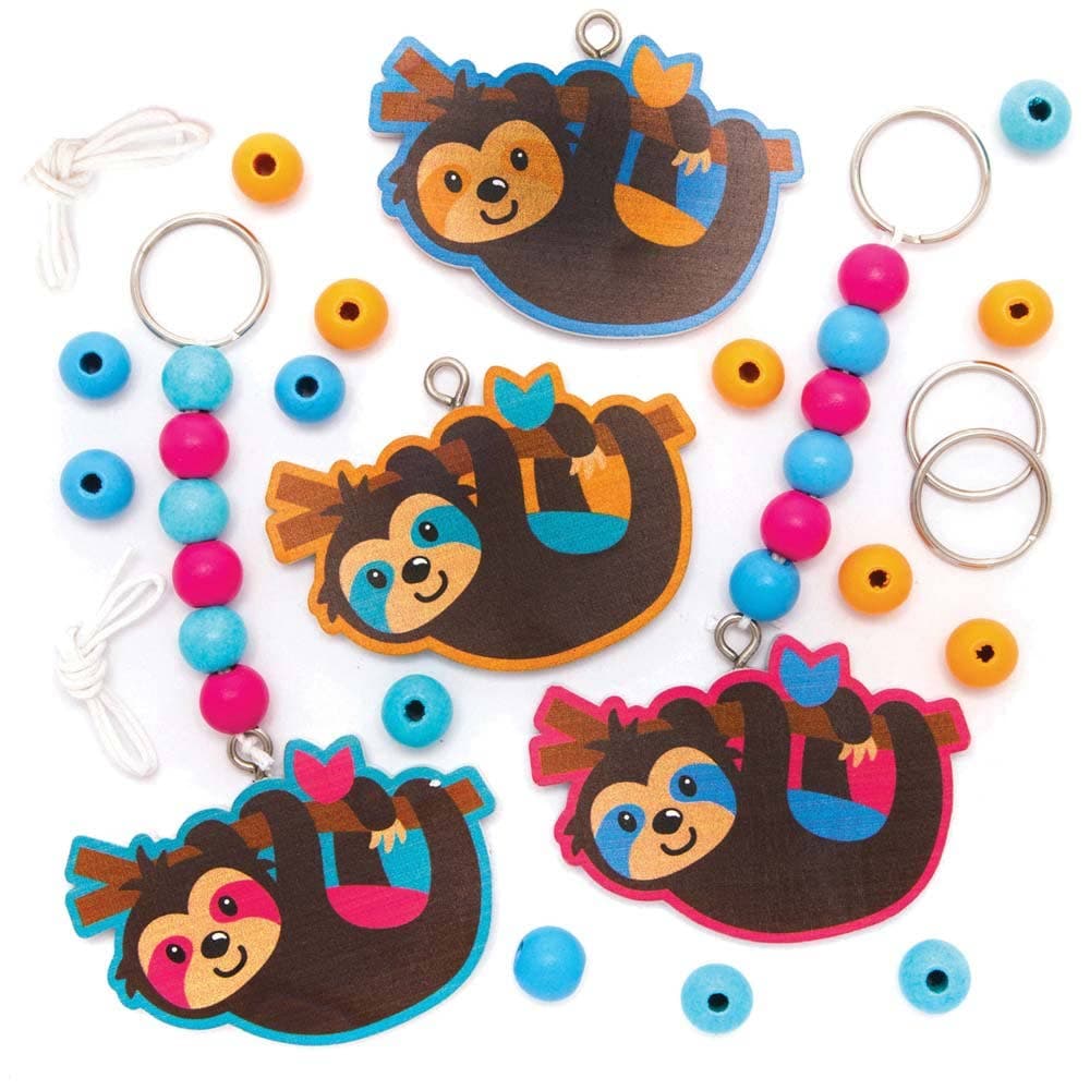 Sloth Wooden Keyring & Bag Dangler Kits (Pack of 4) Craft Kits For Kids 4 assorted colourways - Orange/Teal, Pink/Teal, Blue/Orange & Pink/Blue