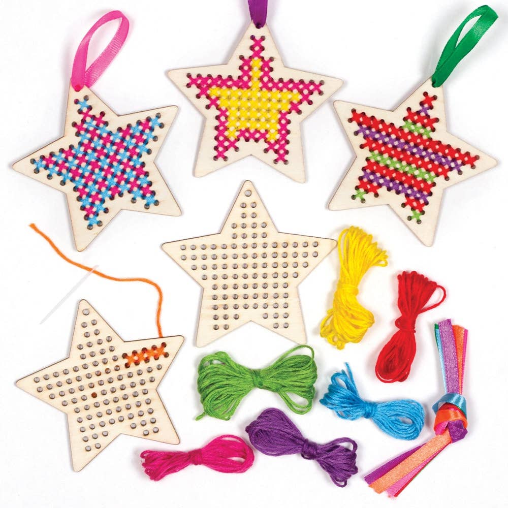 Star Wooden Cross Stitch Decoration Kits (Pack of 5) Sewing & Weaving Craft Kits 7 embroidery thread colours - Orange, Blue, Red, Green, Purple, Yellow & Pink