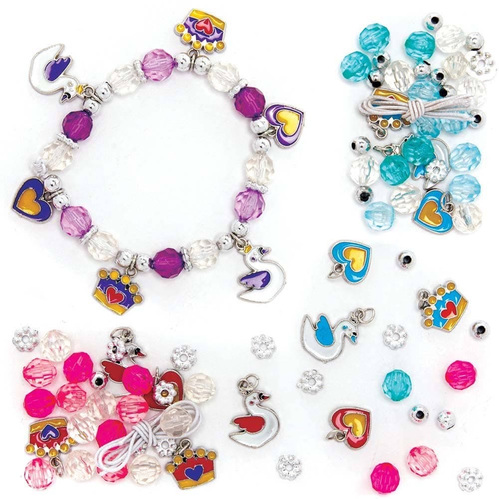 Swan Princess Charm Bracelet Kits (Pack of 3) Jewellery 3 assorted colours - Pink, Blue & Purple