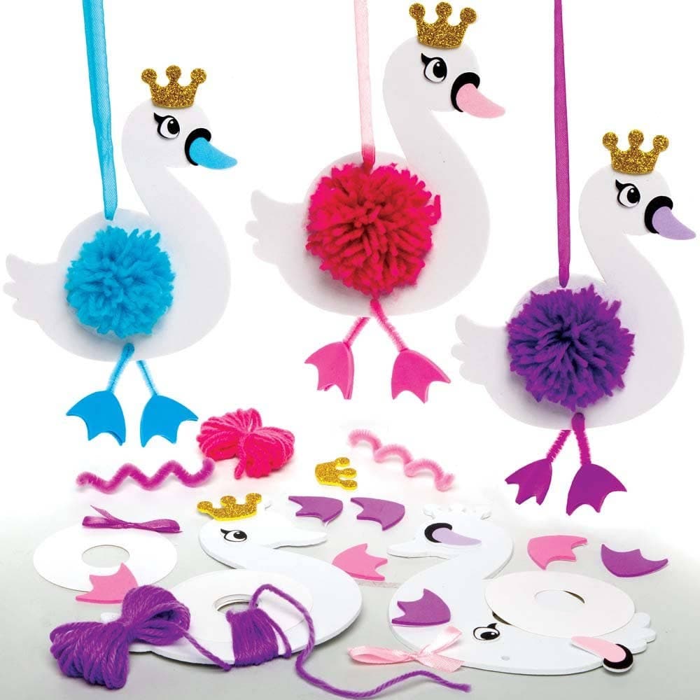 Swan Princess Pom Pom Kits (Pack of 3) Art Craft Kits 3 assorted colours - Pink, Purple & Blue
