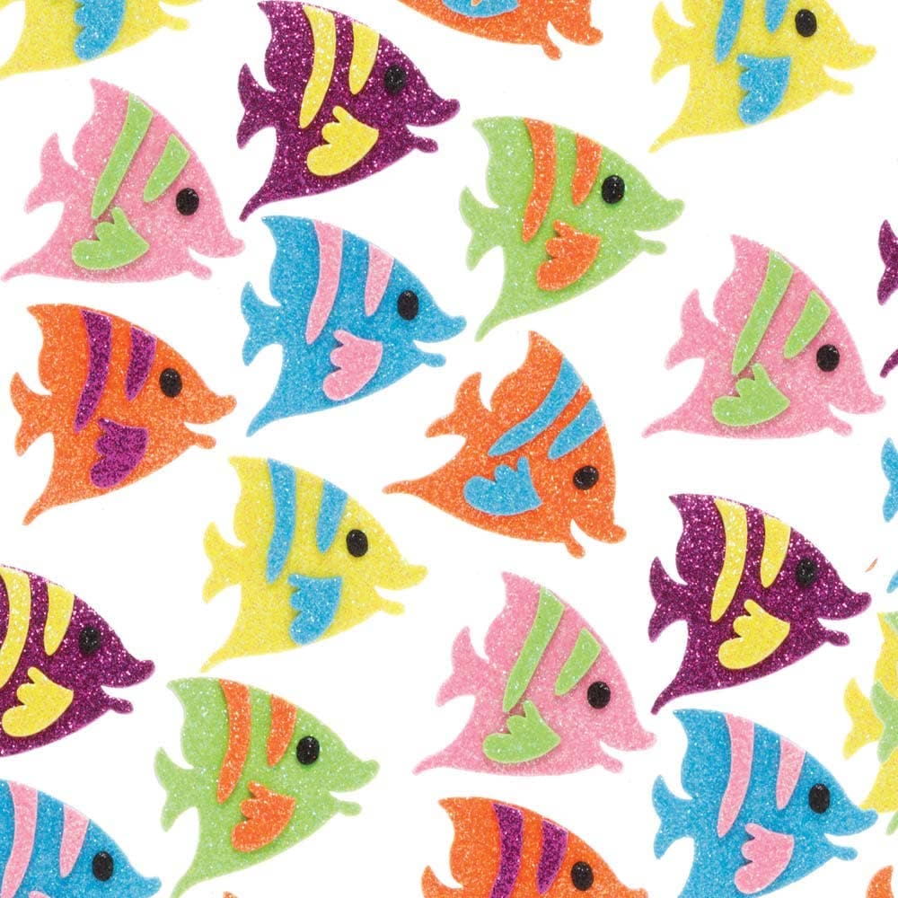 Tropical Fish Glitter Foam Stickers (Pack of 120) Stickers 6 fish colours - Yellow, Orange, Pink, Green, Blue & Purple