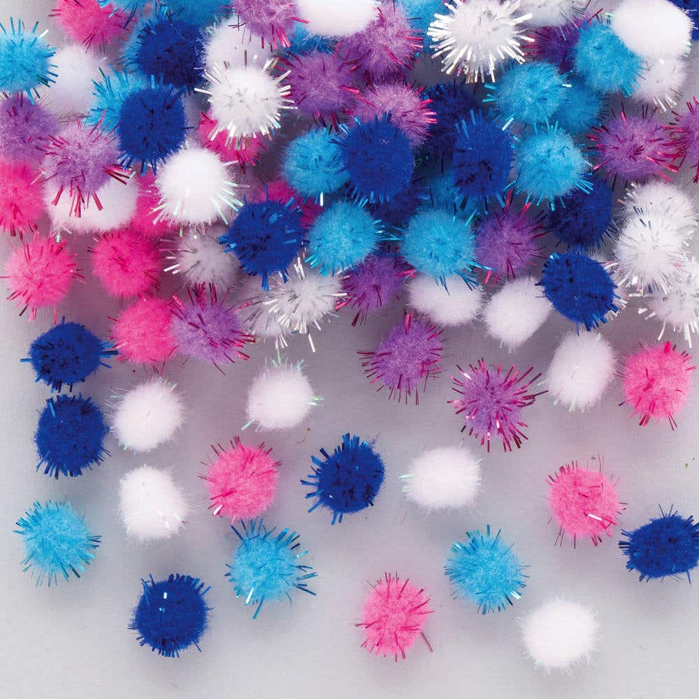 Winter-Coloured Self-Adhesive Glitter Pom Poms (Pack of 150) Size 10mm, No Glue Required, Craft Embellishment