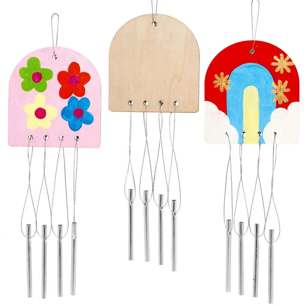 Wooden Windchime Blanks (Pack of 4) Pre-Strung Metal Chimes Included, Plaque Size 10cm x9cm, Nature Craft Kits