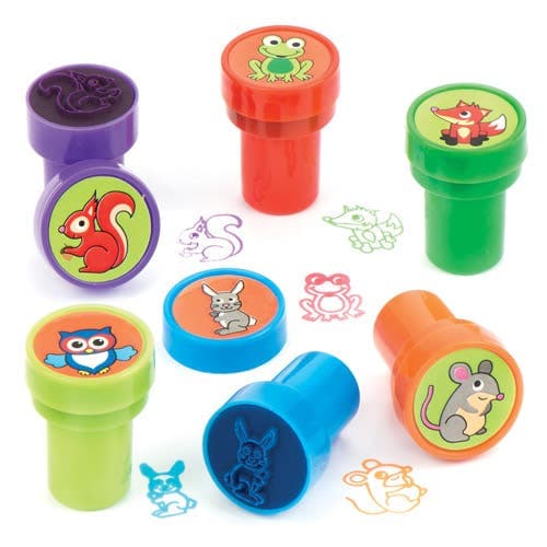 Woodland Animal Self-Inking Stampers (Pack of 10) Small Toys 6 assorted ink colours - Light Green, Dark Green, Purple, Orange, Blue & Red