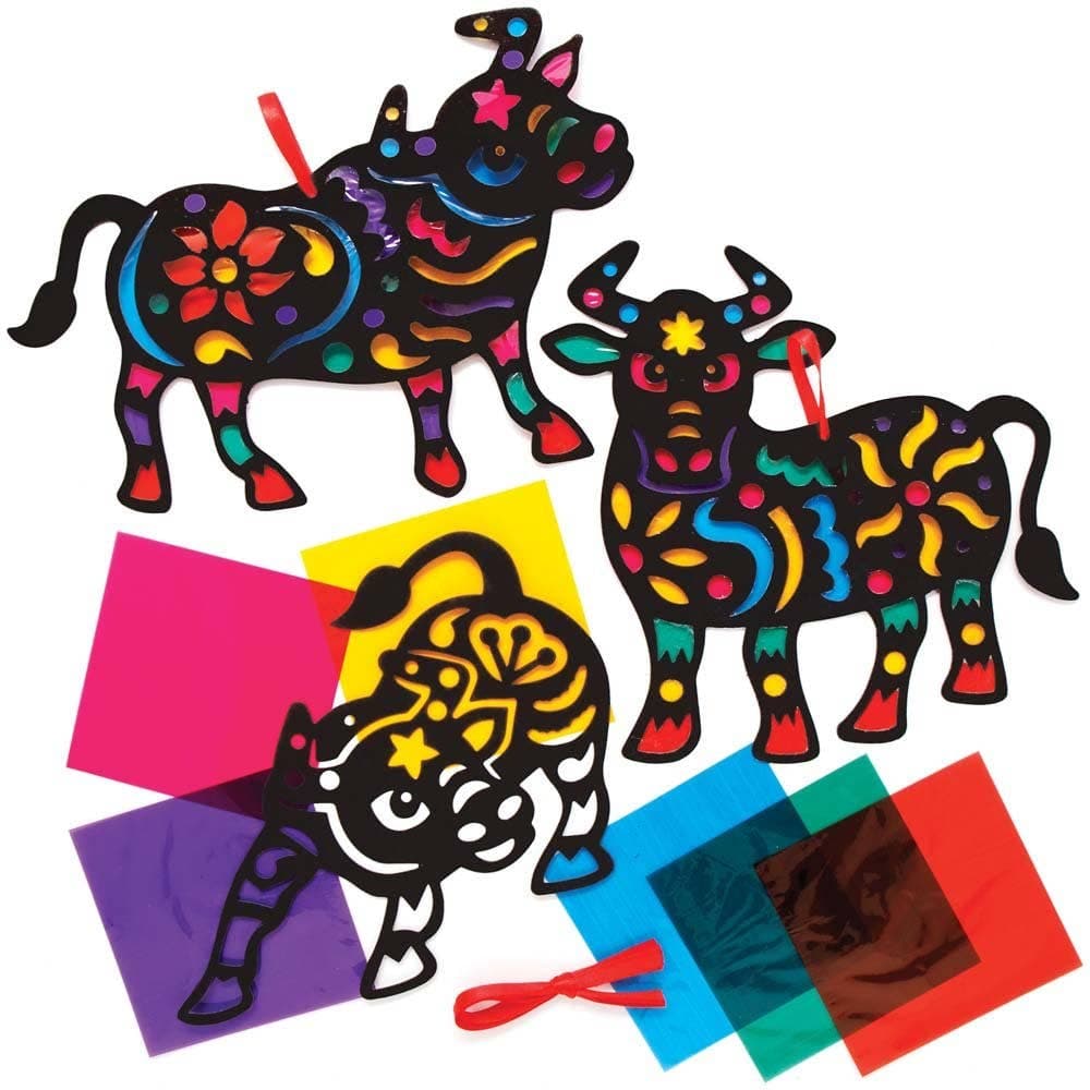 Year of the Ox Stained Glass Decoration Kits (Pack of 6) Decoration Craft Kits 6 assorted cellophane colours - Red, Pink, Yellow, Green, Blue & Purple